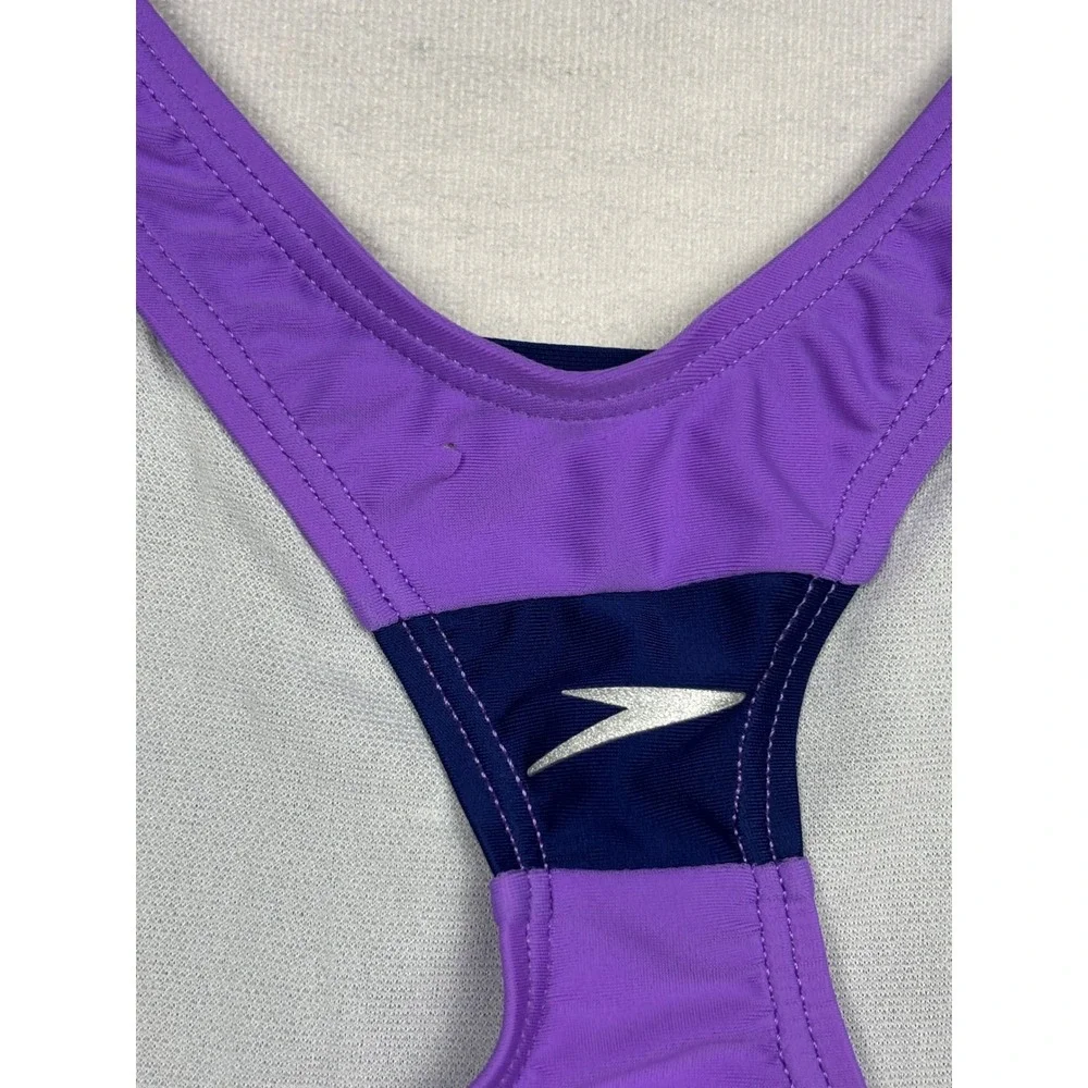 Speedo Girls One Piece Swimsuit Navy Purple White Racerback‎ UPF 50+ Size 12